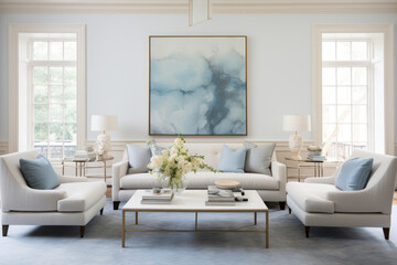 Fototapeta na wymiar A Serene Living Room Oasis with Blue and Gray Tones, Exuding Elegance and Tranquility