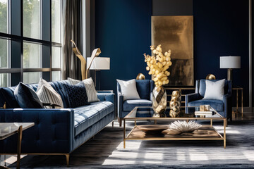 A Luxurious Living Room Interior in Navy Blue and Silver Colors with Elegant Furnishings and Modern Decor