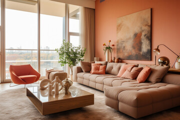 A Luxurious Living Room Interior in Coral and Beige Colors with Contemporary Furniture and Artistic Decor