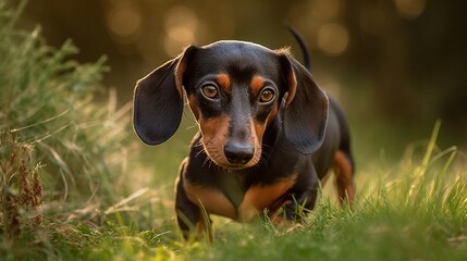 playful dachshund dog on the lawn, grass, field