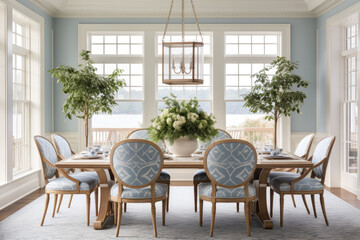 A Tranquil Dining Room Oasis with a Harmonious Blend of Blue and White Accents