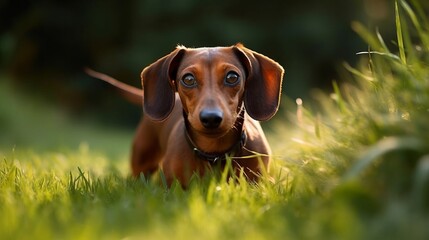 playful dachshund dog on the lawn, grass, field