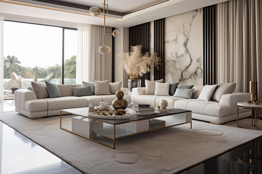 A Luxurious Living Room Interior in White and Bronze Colors with Elegant Furnishings and Stylish Décor