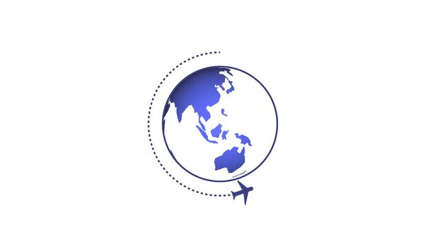  Traveling worldwide icon. Airplane rounding a circulating globe, Flying around world. animation background. k1_1114