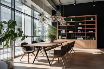 Elegantly Minimalistic Office Interior in Scandinavian Style, Featuring Sleek Furniture and Serene Ambiance