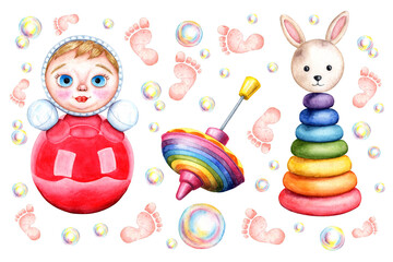 Watercolor illustration of a set of children's toys: tumbler, spinning top, pyramid, foot print and soap bubbles. Patterns for children's clothing, textiles, wallpaper, wrapping paper, packaging, 