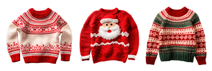 Set of three Christmas ugly sweaters over isolated transparent background