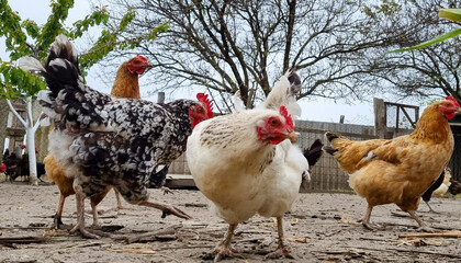Agriculture. Poultry farm. Free-range chickens.