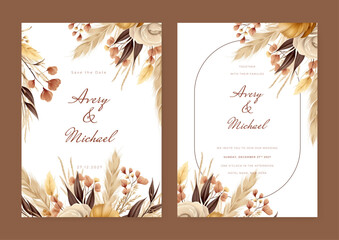 Rustic brown beige and white modern wedding invitation template with flora and flower