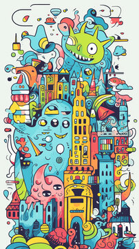 Colorful doodle art, surreal creatures at the city