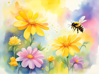 watercolor painting of bees and flowers, illustration