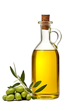 Olive oil in glass bottle on isolated transparent background