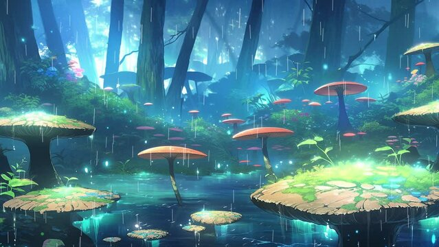 the enchanted fantasy grove,  rain, water puddle, anime background, loop animation