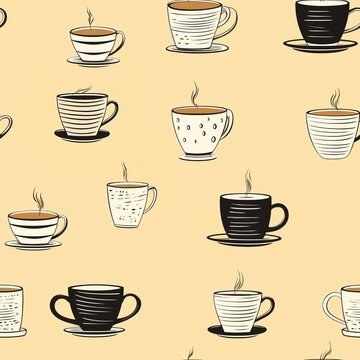 Varies retro style coffee mug cups seamless pattern white background wallpaper, coffee product gift packing paper.