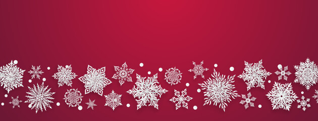 Christmas illustration with beautiful complex paper snowflakes, white on red background