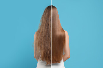 Photo of woman divided into halves before and after hair treatment on light blue background, back...