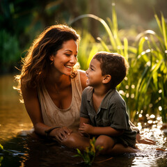 Mamá latina con su hijo en una poza natural de agua  - obrazy, fototapety, plakaty
