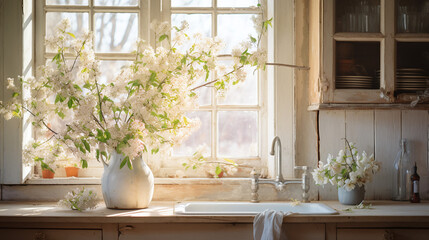 Rustic Kitchen Counter with Apple Blossoms in a Vase