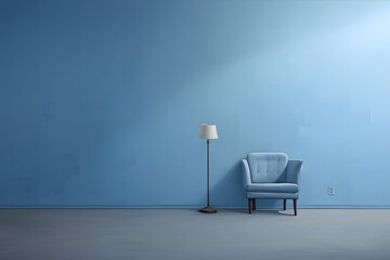Cozy, minimalistic indoor space with white chair against blue wall.
