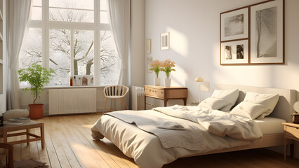 Inviting bedroom with cozy furniture, carpeted floor, and natural light from window.
