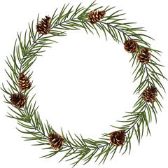 Abstract wreath of pine, holly berries and cones. Christmas decoration. Garland made of natural decor. Transparent,png