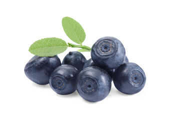 Tasty ripe bilberries and green leaves isolated on white