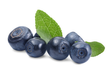 Tasty ripe bilberries and green leaves isolated on white