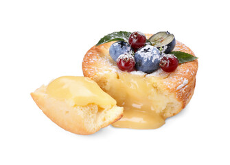 Tasty vanilla fondant with white chocolate and berries isolated on white
