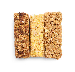 Different tasty granola bars isolated on white, top view
