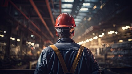 back view of man with hardhat in heavy factory generative AI