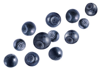 Many fresh ripe blueberries flying on white background