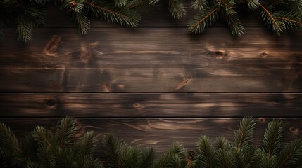 christmas tree branches rustic wooden background generative AI
