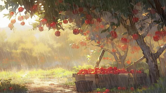 Apple orchard, autumn afternoon, ripe fruits, rain, water puddle, anime background animation