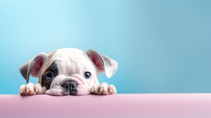 bulldog puppy peeking over pastel bright background advertisement, banner, card copy text space birthday party invite invitation generative AI