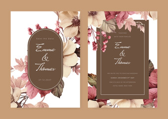 Vector illustrations of rustic flowers for wedding invitation template. Brown beige and white modern wedding invitation template with flora and flower