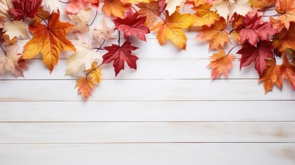 Naklejka na ściany i meble fall maple autumn leaves white wooden background generative AI