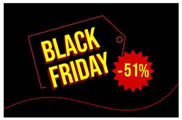 Black Friday Promotional Banner Design Vector Template with 51% off text and Sale Badge. Big Sale.