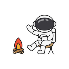 Astronaut sitting on a stool and holding a fire. Vector illustration
