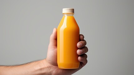 hand holding a bottle of orange juice with blank label on gray background generative AI