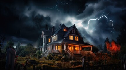 haunted house amidst a storm generative AI - obrazy, fototapety, plakaty