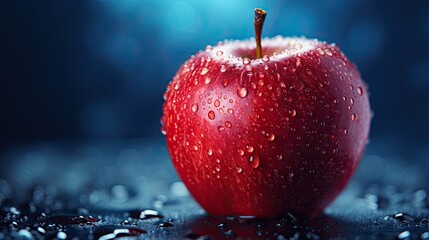 Red apple with water drops on blue background 