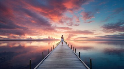 lone figure standing on long pier at sunrise generative AI