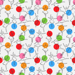 Ballerina silhouettes and colorful polka dots pattern. Vector seamless pattern design for textile, fashion, paper and wrapping. 