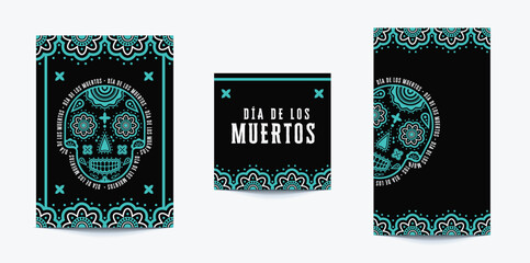 Day of the Dead social media set of poster, square post and story ready to use template. Decorative skull in bold blue design. 