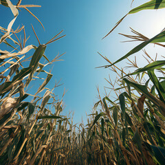 looking up from corn in a field