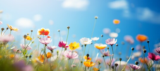 Colorful summer flowers field. Generative AI technology.