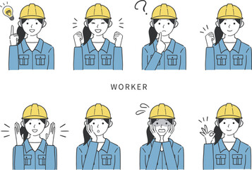 様々な表情をする女性作業員のイラスト素材セット