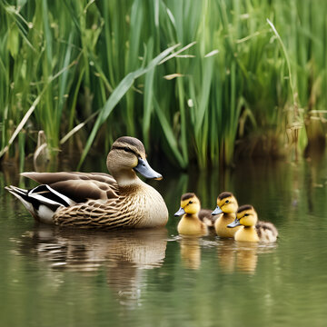 Tres patitos con su madre flotando sobre el agua 