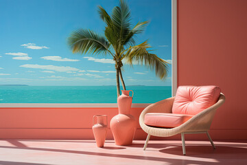 Obraz premium Minimalistic Aesthetic Summer Scene. Sunny Seascape View, Oceanic Balcony with Armchairs, Tranquil Terrace, Poolside Palm Trees, Restful Window Scenery. Generative AI.