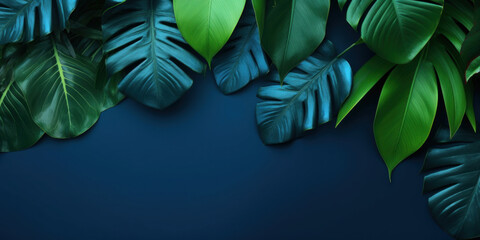 Collection of tropical leaves, deciduous plant on blue background, top view